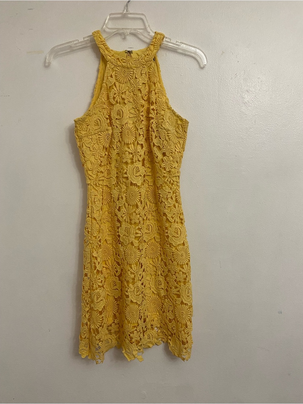 Lulu's Sunburst Yellow Floral Crochet Lace Mini Halter Dress